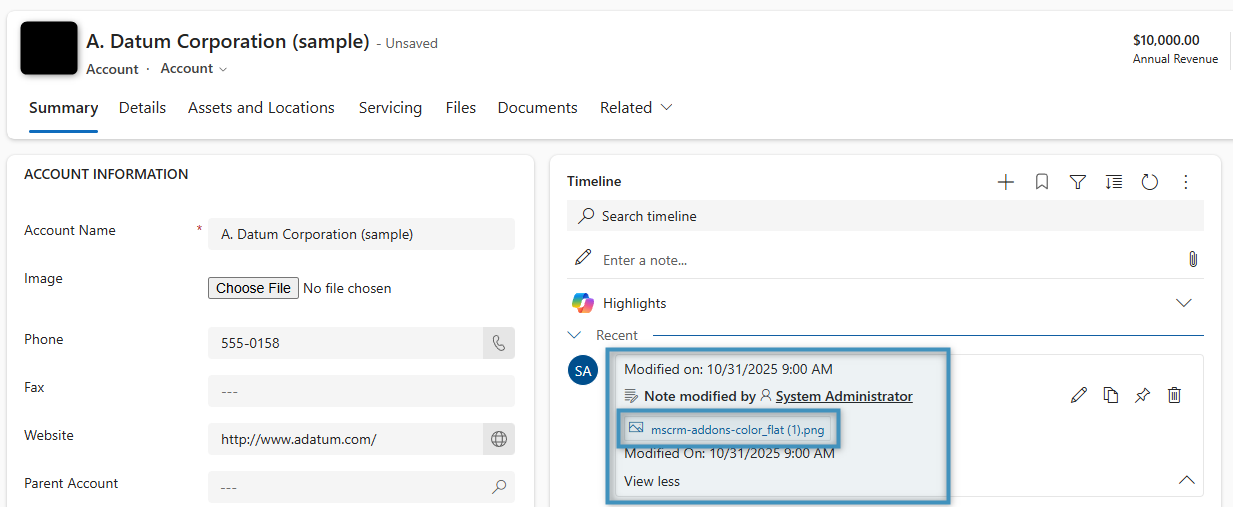 An image stored as a note in our account record