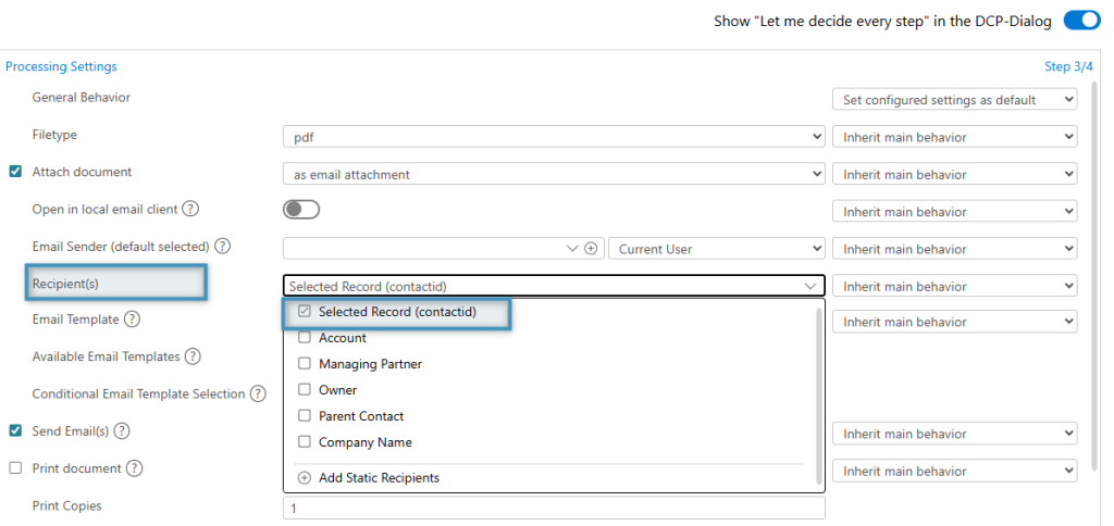 Selecting a regular dynamic recipient (Primary Contact) 