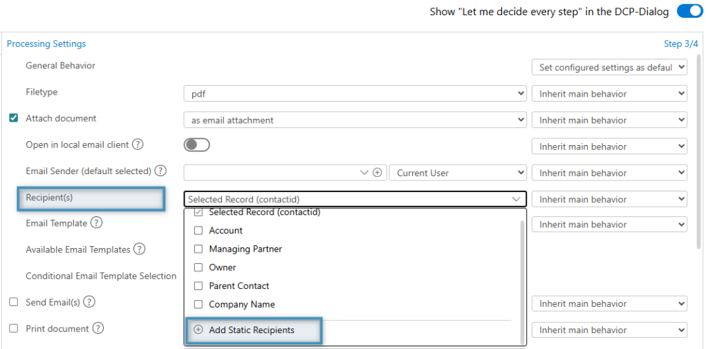 Selecting the ‘Add Static Recipients’ feature 