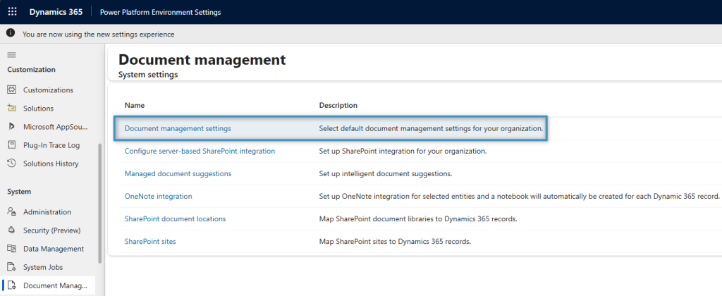 Access the Document management settings in Dynamics 365