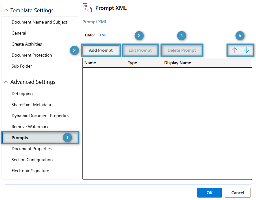 The Prompt XML window