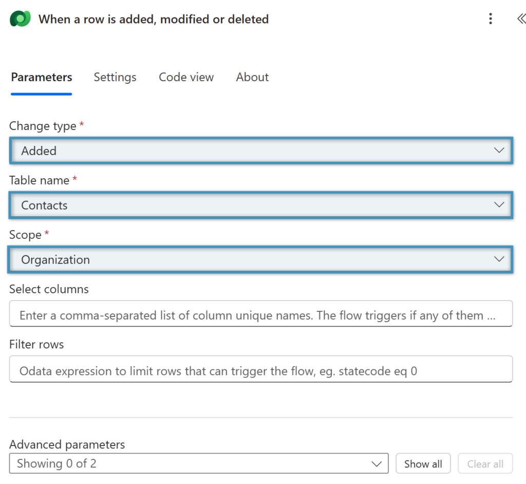 Setting the parameters in Microsoft Dataverse 