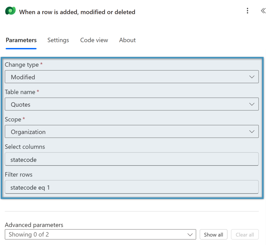 Setting the parameters in the trigger action 