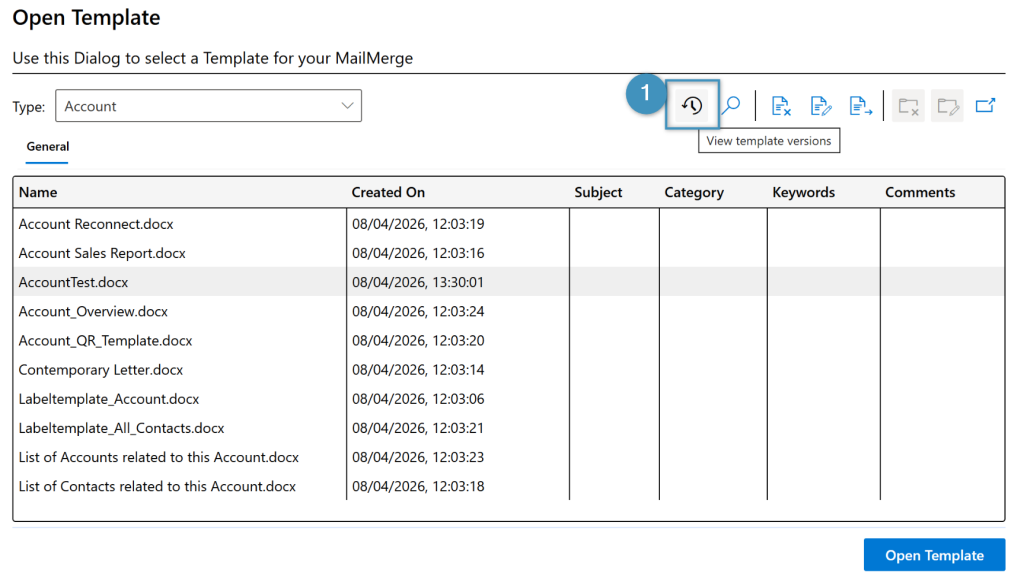 The ‘View template versions’ icon 