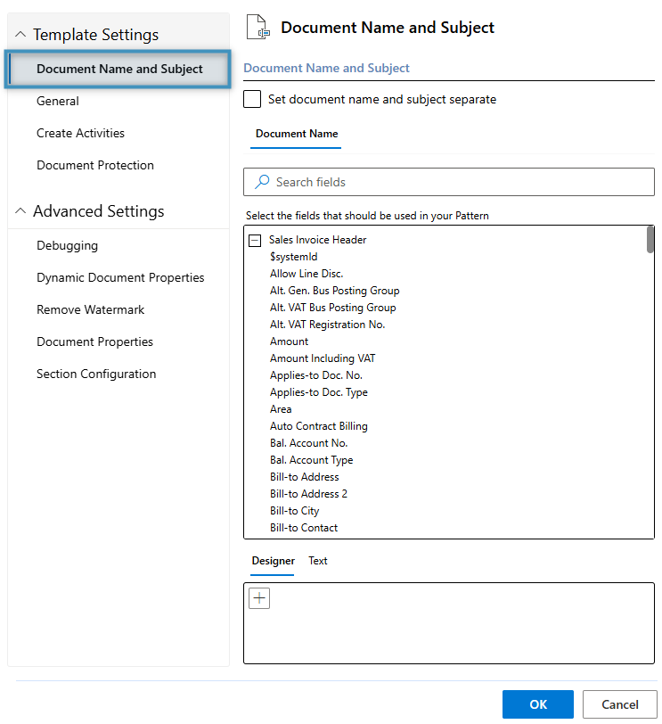 The Document Name and Subject tab in Template Settings