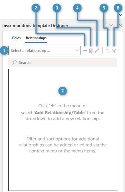 The Relationships tab within the Template Designer
