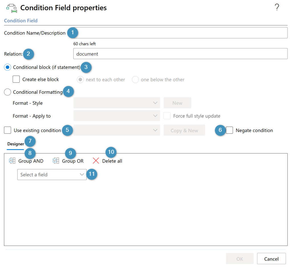 The Condition Field properties window
