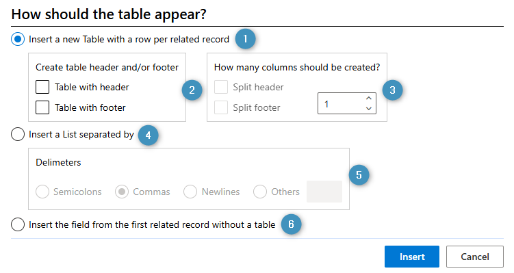 The table configuration window, used to define your table’s appearance.