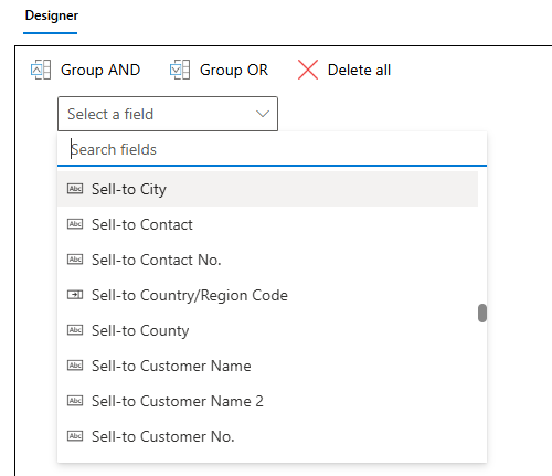 Selecting a field from the dropdown