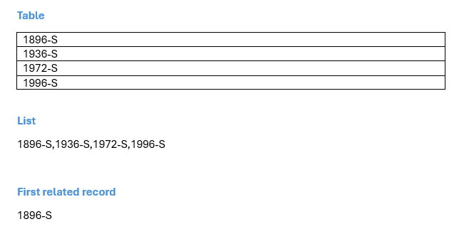 The differences between a table, list, and first related record, merged with data