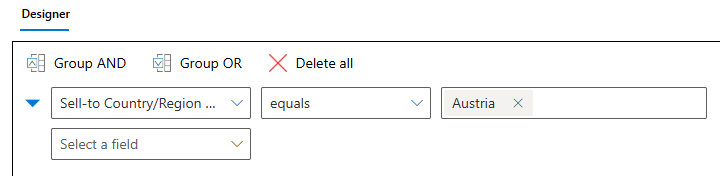 Creating a simple condition. This condition checks a customer’s country or region.