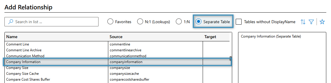 The Company Information table under the Separate Table tab