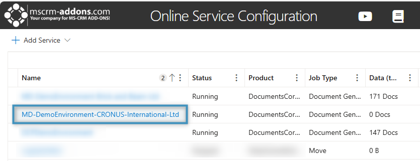 The created service listed in the Online Service Configuration