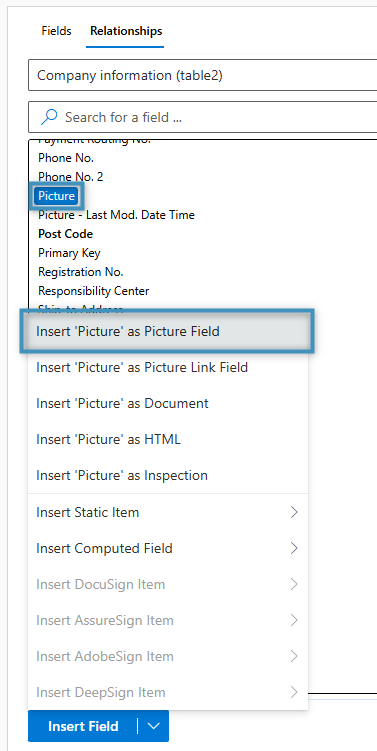 Inserting the field as a Picture Field
