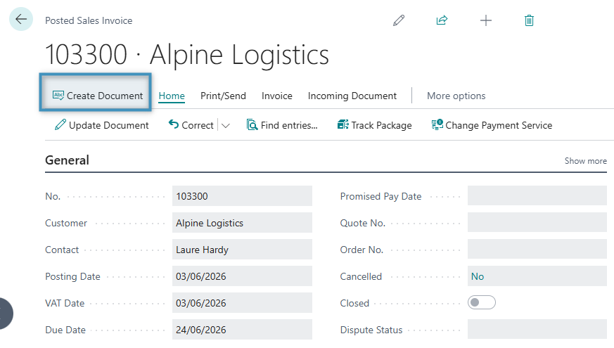 The Create Document button in a Posted Sales Invoice record