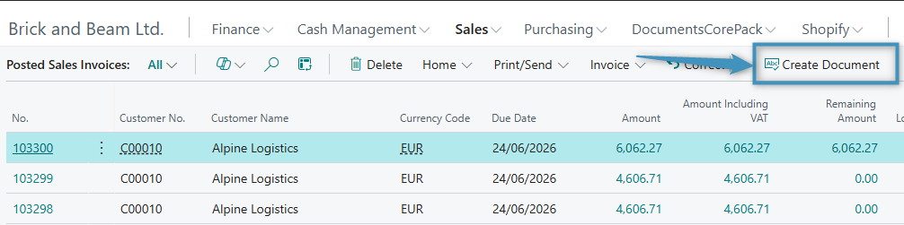 The Create Document button on the Posted Sales Invoices page