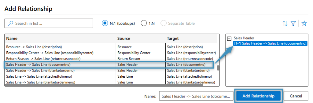 Adding the Sales Header -> Sales Line (documentno) relationship in the Relationship Designer 