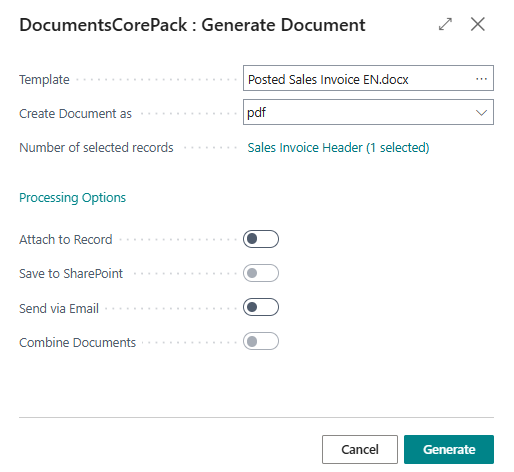 The DCP Dialog showing document generation options