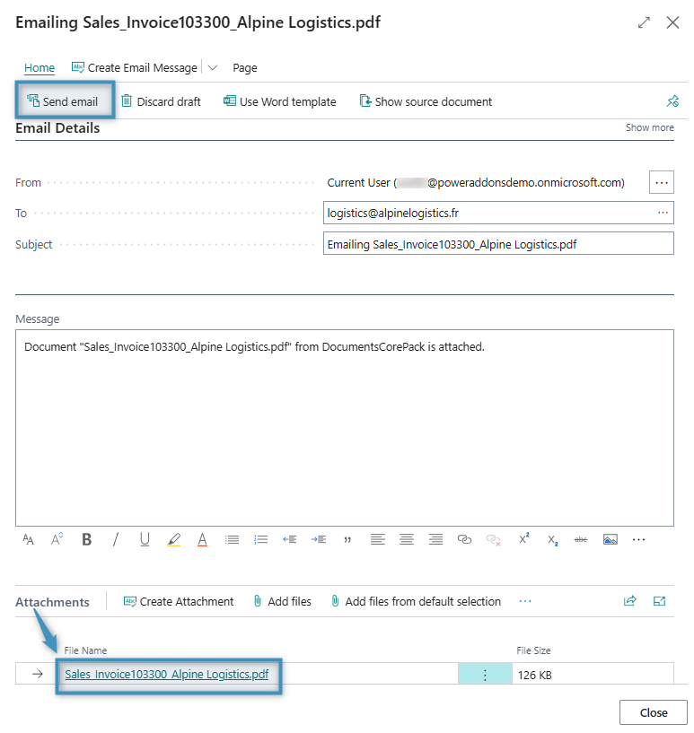 Email draft with the generated document attached and ready to be sent
