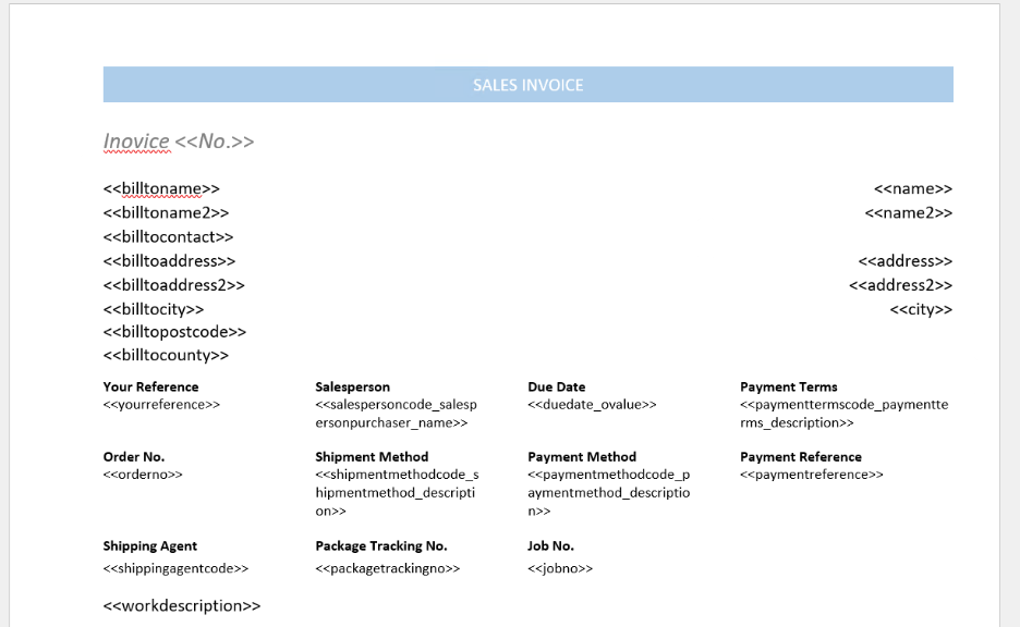 Sample template with inserted fields