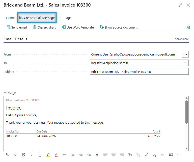 Selecting the Create Email Message button