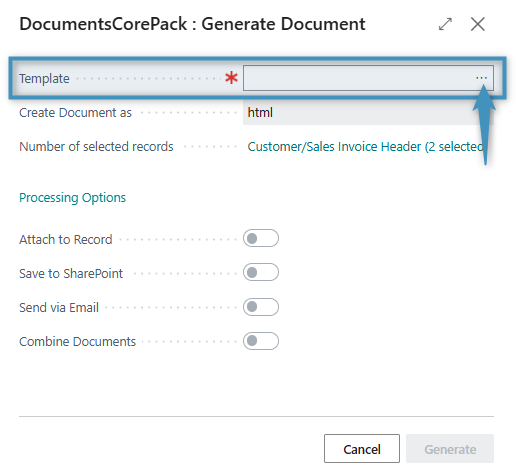 Selecting the Template lookup button to choose an email template