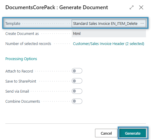 Our selected template is displayed in the Template field