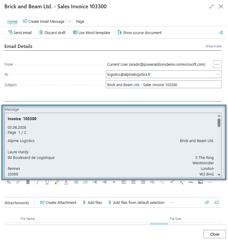 The generated email content highlighted in the Message field