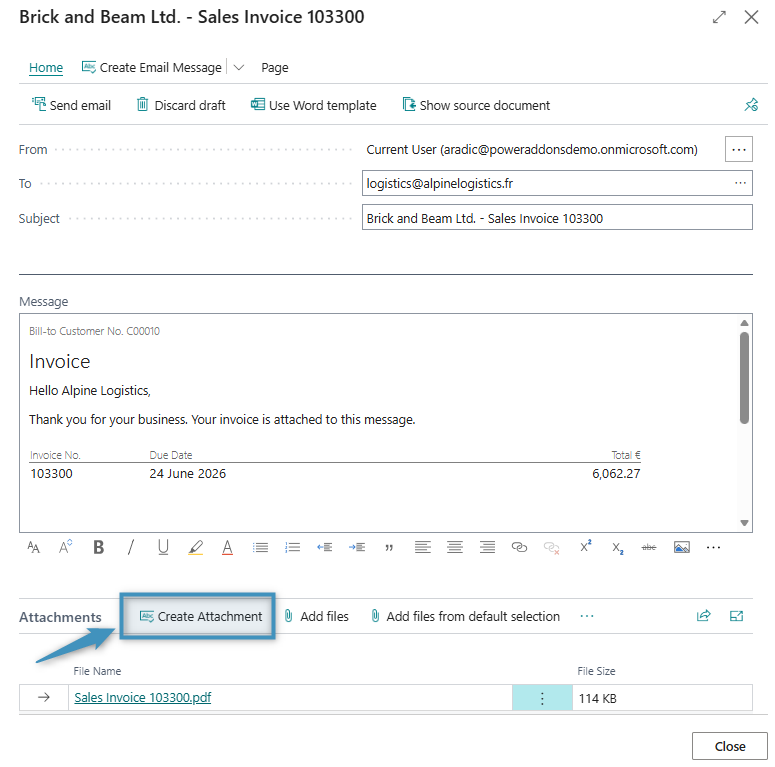 Selecting the Create Attachment button from the Email window