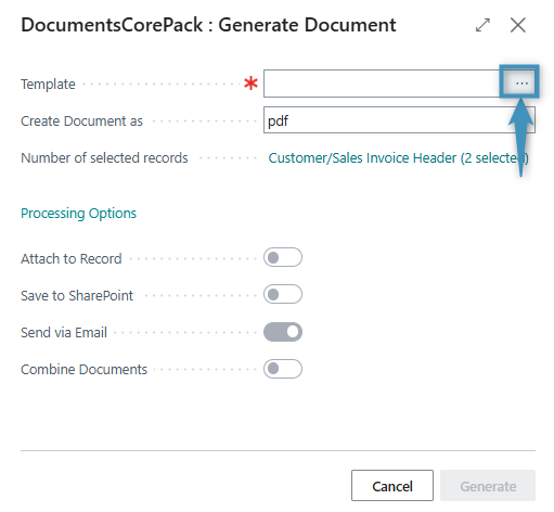 Selecting the three dots button to select a template
