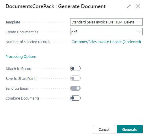 The DCP Generate Document window ready to generate the document