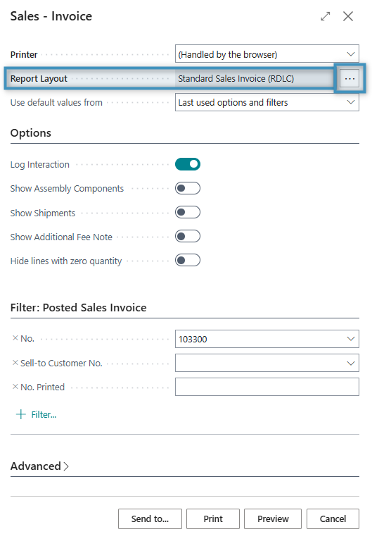 Sales – Invoice window with the default BC Report Layout highlighted