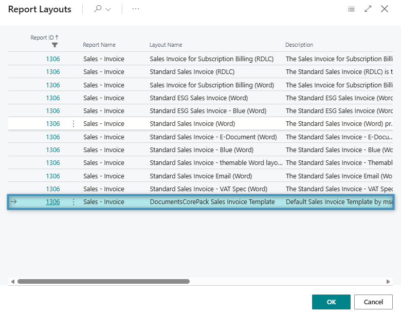 Selecting the DCP Sales Invoice Template layout as the default report layout
