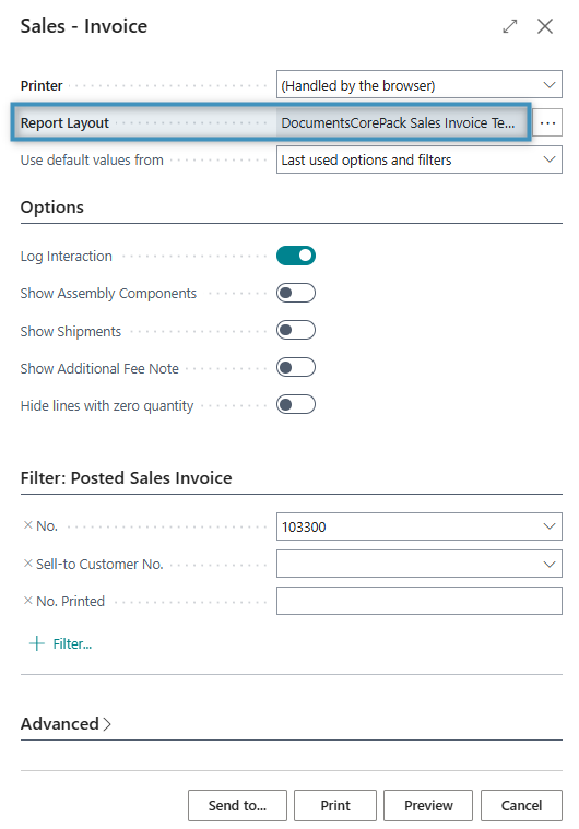 The DCP Sales Invoice Template is now visible in the Report Layout field