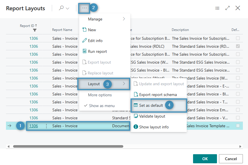 Report Layouts page showing the Layout options menu with Set as default selected