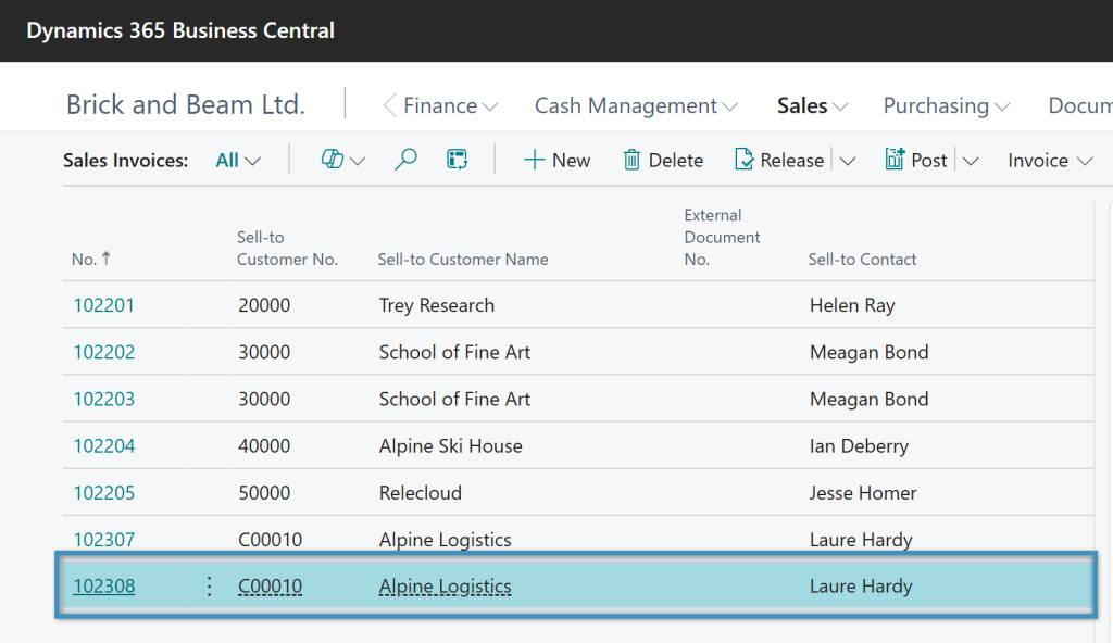 Sales Invoices page with our record highlighted