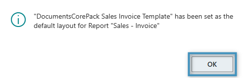 Confirmation message that the DCP template is set as default