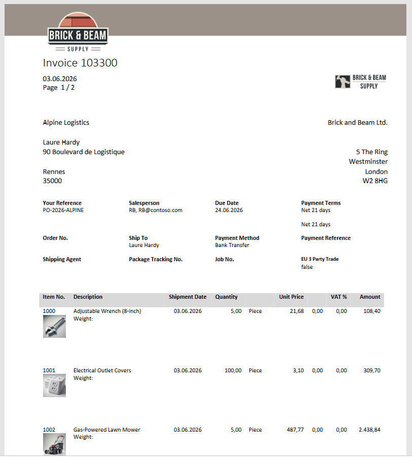 Preview of the Sales – Invoice generated using the DCP template