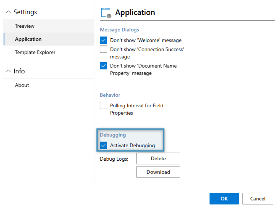 Activate Debugging in the Application tab