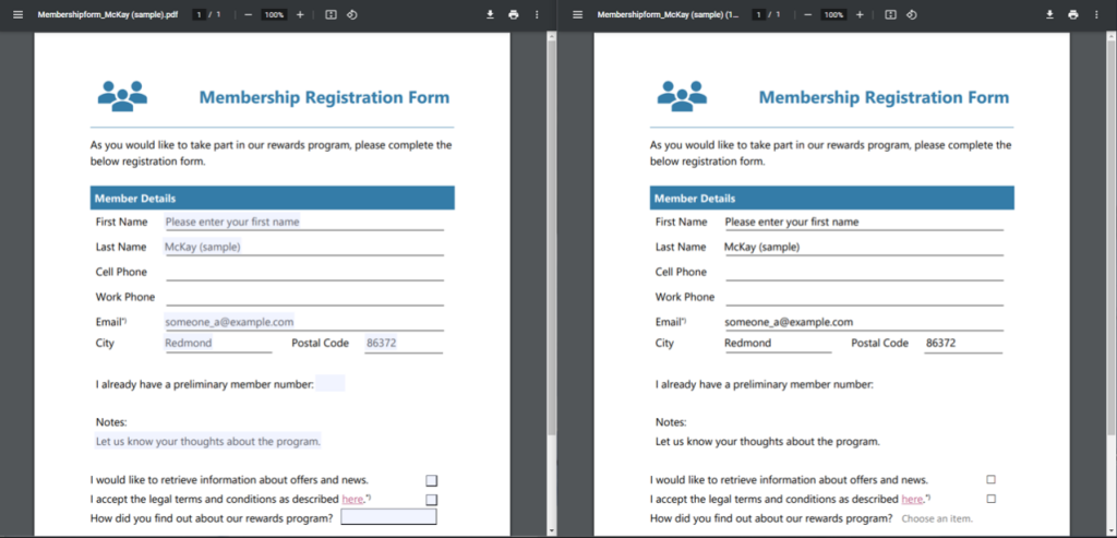Fillable PDF form (left) vs. standard PDF document (right) created with DocumentsCorePack