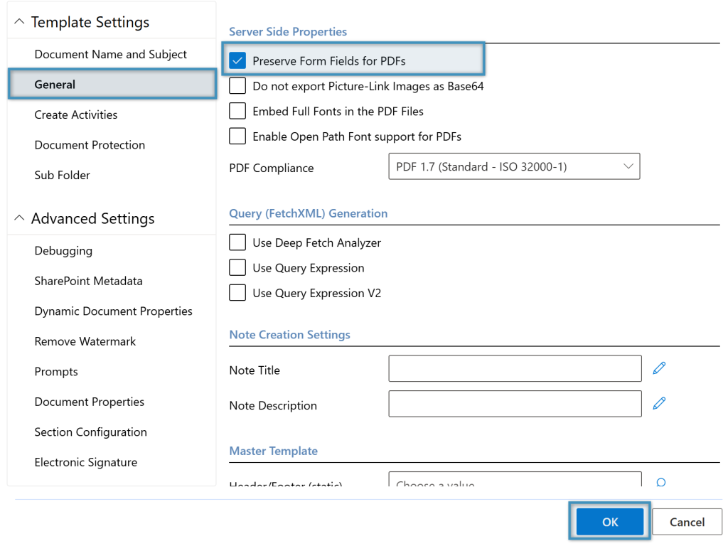 Enabling the Preserve Form Fields for PDFs option in the General Template Settings
