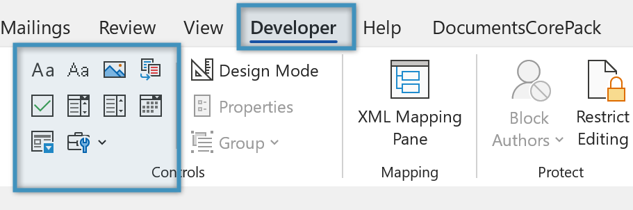 Enabled Developer tab with the content controls section highlighted