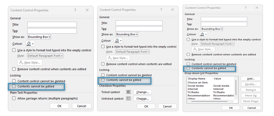 Different Content Control Property Dialogs with Contents cannot be edited highlighted