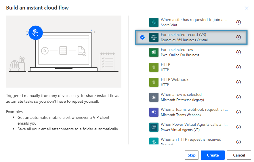 Selecting our Dynamics 365 Business Central trigger