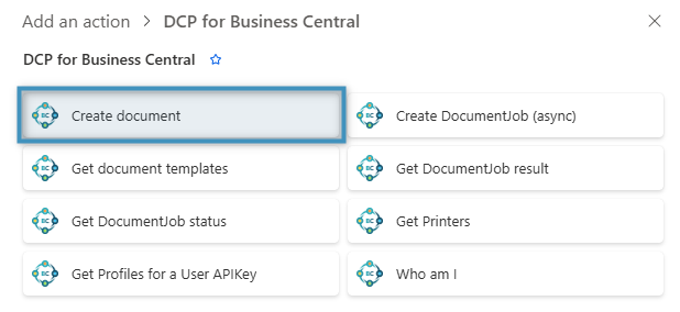 Selecting the Create document action